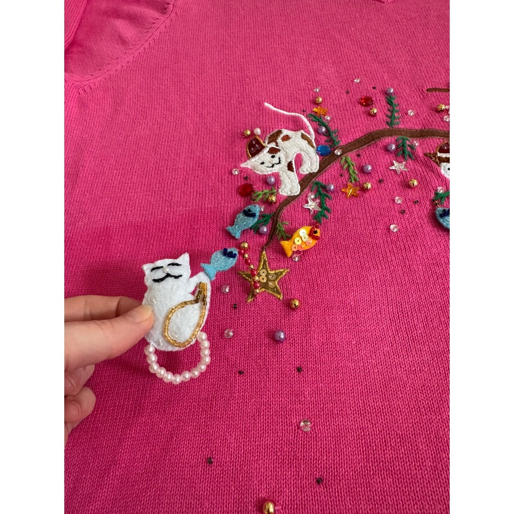 Quacker Factory Pink Cat Christmas Sweater XL Embroidered Beaded Holiday V-Neck - Picture 4 of 8